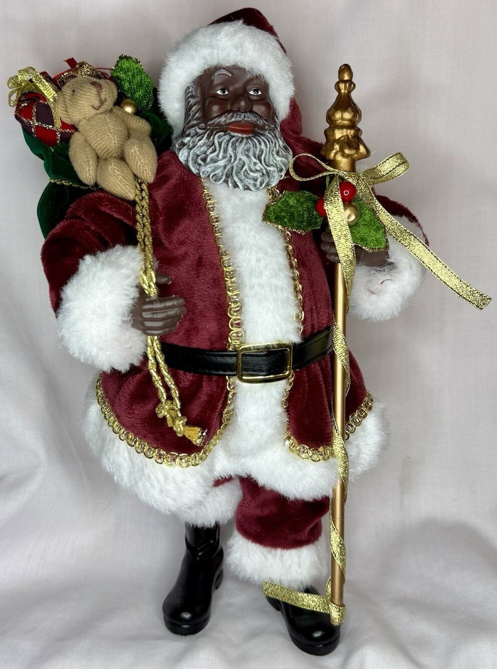 Merry Brite Black African-American Christmas Holiday Santa w/Velvet Coat & Sack